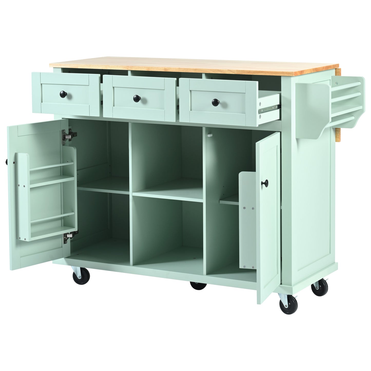 Kitchen trolley, cabinet door internal storage rack with storage cabinet and 3 dining room drawers, mint green