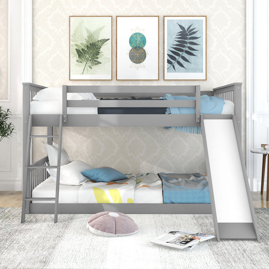 Full over Full Bunk Bed with Convertible Slide and Ladder  Gray