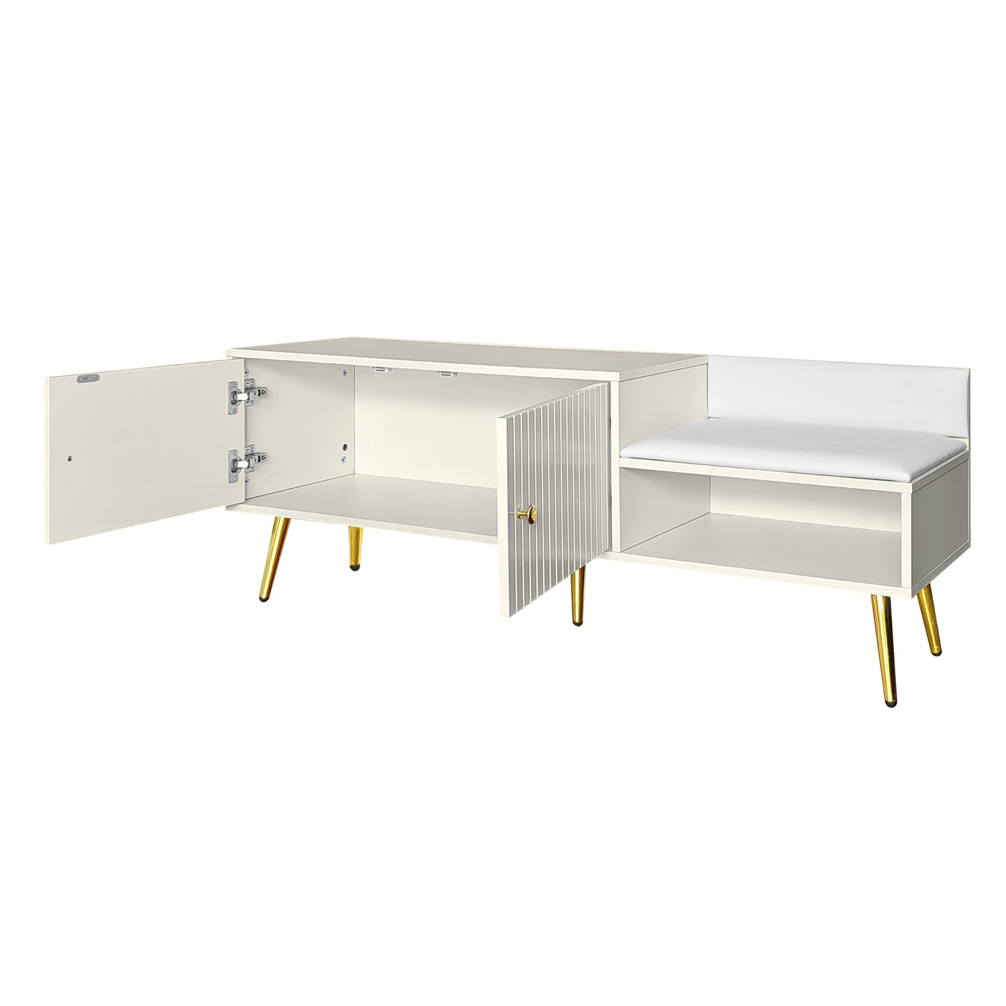 Modern Shoe Storage Bench with Hidden Storage and Upholstered Cushions, Antique White Finish