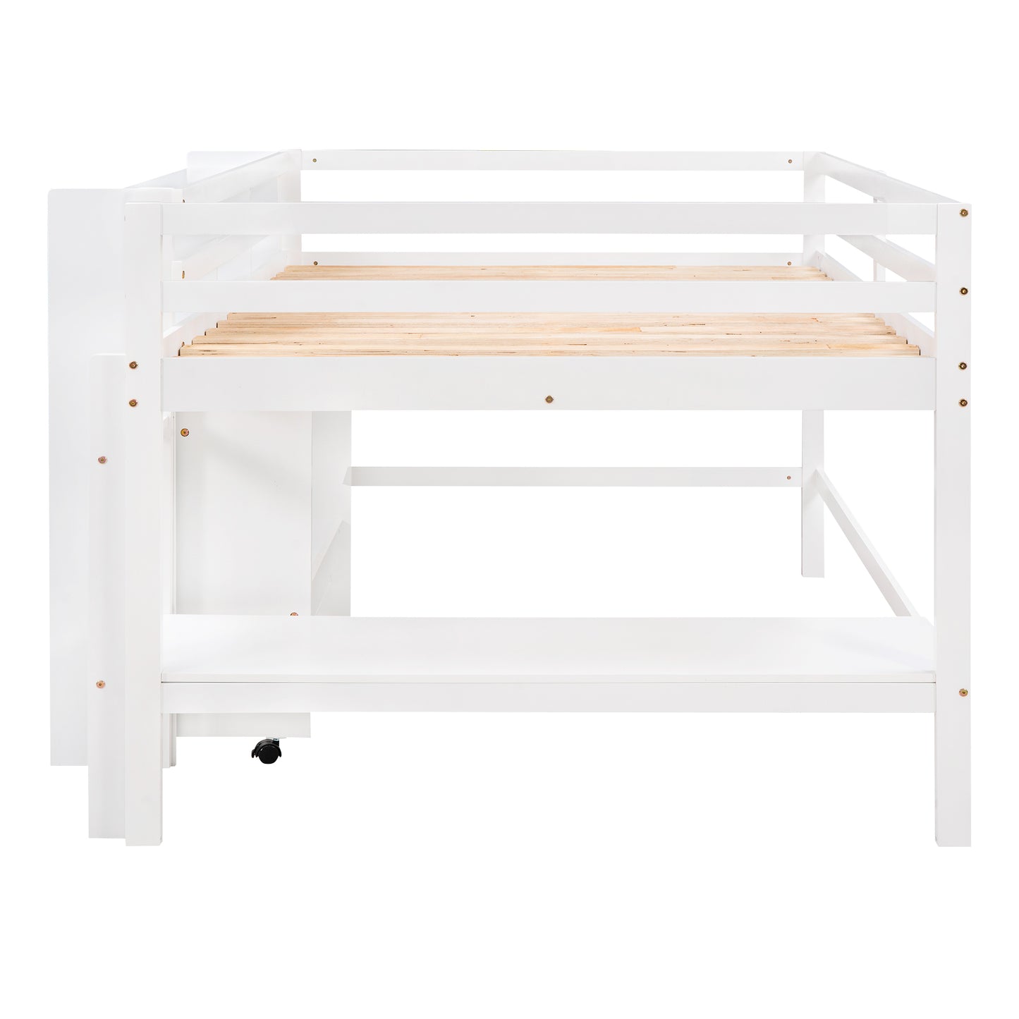 Full Size Low Loft Bed with Rolling Portable Desk, Drawers and Shelves, White