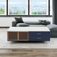 Modern Navy Blue Coffee Table with 2 Glass Door Storage, 4 Drawers, Gold Metal Legs, and Multi-Color Lighting in 47.2''