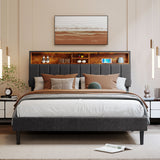 Queen Size Upholstered Platform Bed with Storage Headboard and USB Port Linen Fabric Upholstered Bed (Gray)