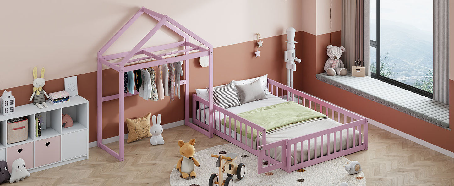 Wooden Full Size Children's Bed with Detachable Headboard and Integrated Clothes Drying Rack, Pink