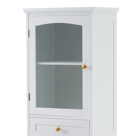 High bathroom storage cabinet with glass door, freestanding, two drawers and adjustable shelves, MDF board, painted white