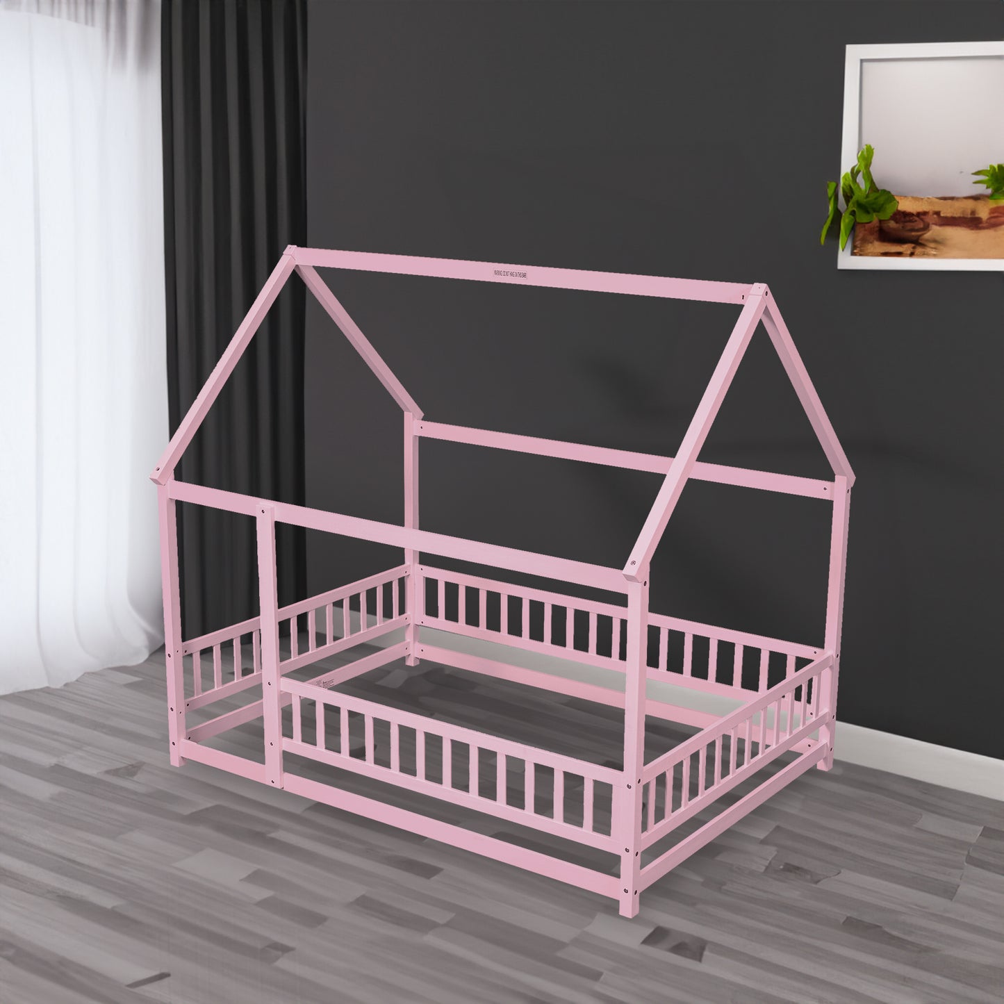 Full Size Floor Wooden Bed with House Roof Frame, Fence Guardrails ,Pink