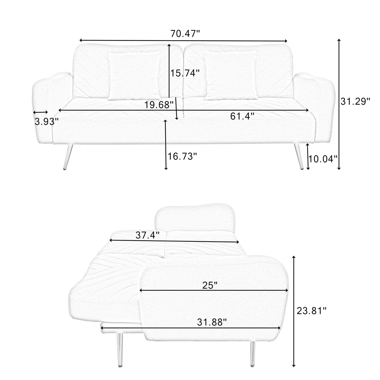 Pink Fabric Double Sofa with Split Backrest and Two Throw Pillows