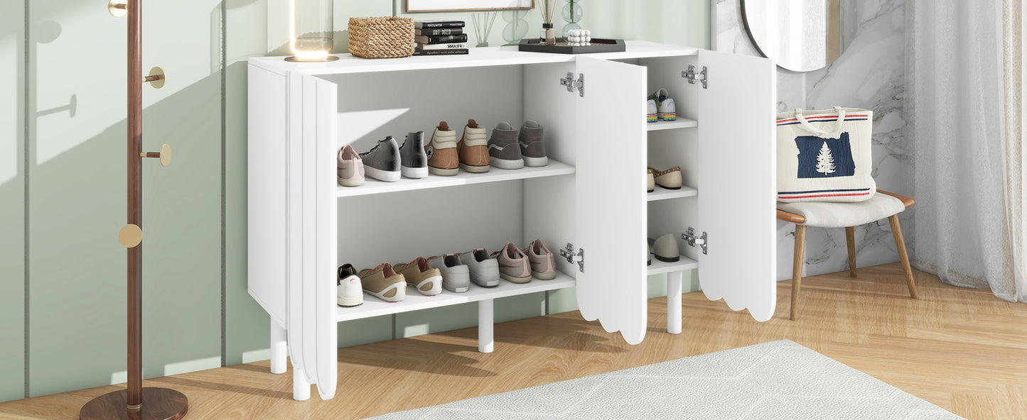 ON-TRANS Cream Shoe Cabinet with 5 Adjustable Solid Wood Legs, Large Storage with Wave Doors, White