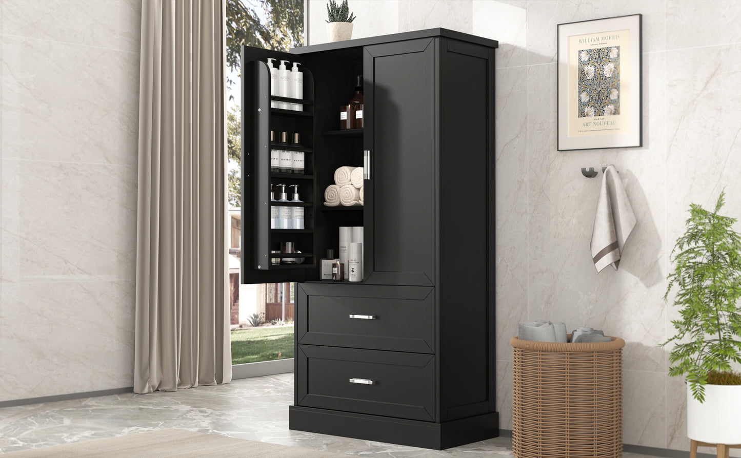 Mueble de baño alto con dos puertas y cajones, estante ajustable, tablero MDF, color negro