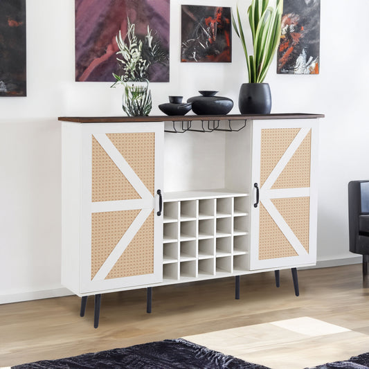 White Faux Rattan Barn Door Wine Cabinet with Wine Rack and Wine Glass Rack, Double Door Design with Removable Shelves