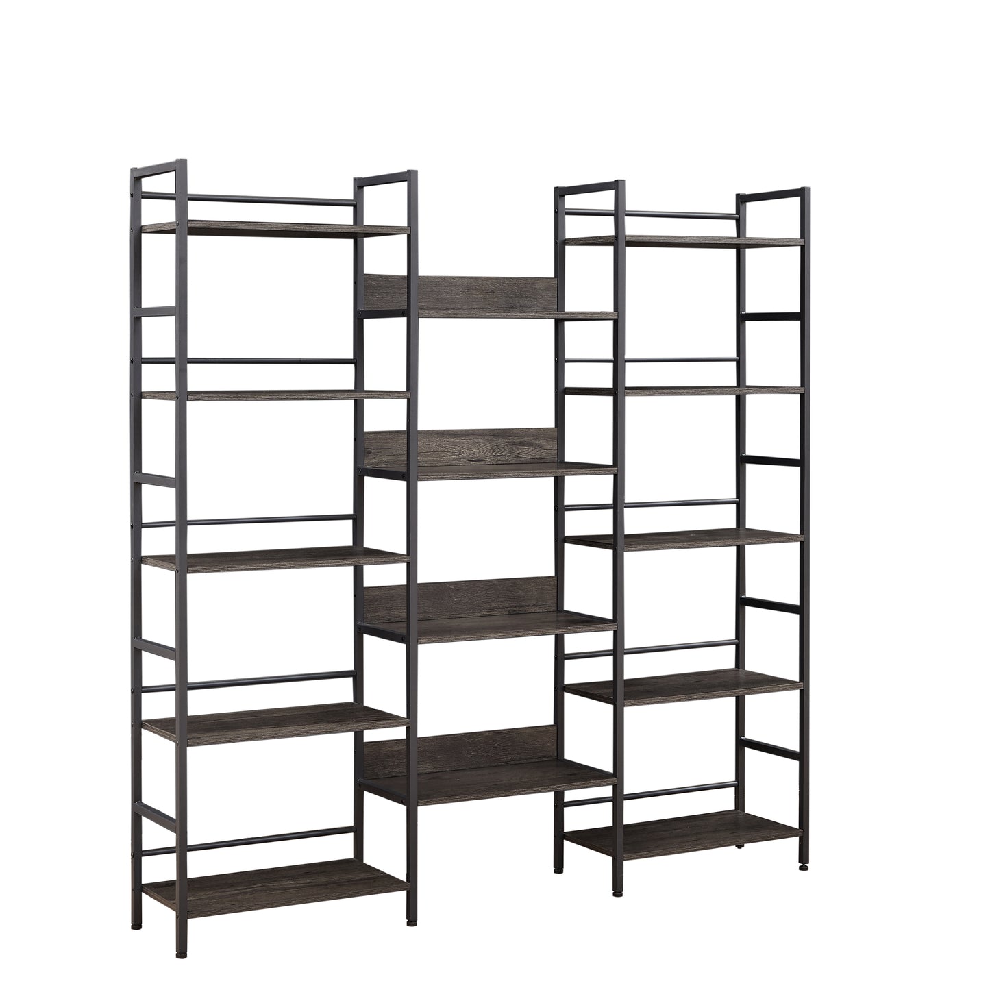 Triple Wide 5-shelf Bookshelves Industrial Retro Wooden Style Home and Office Large Open Bookshelves Dark Grey