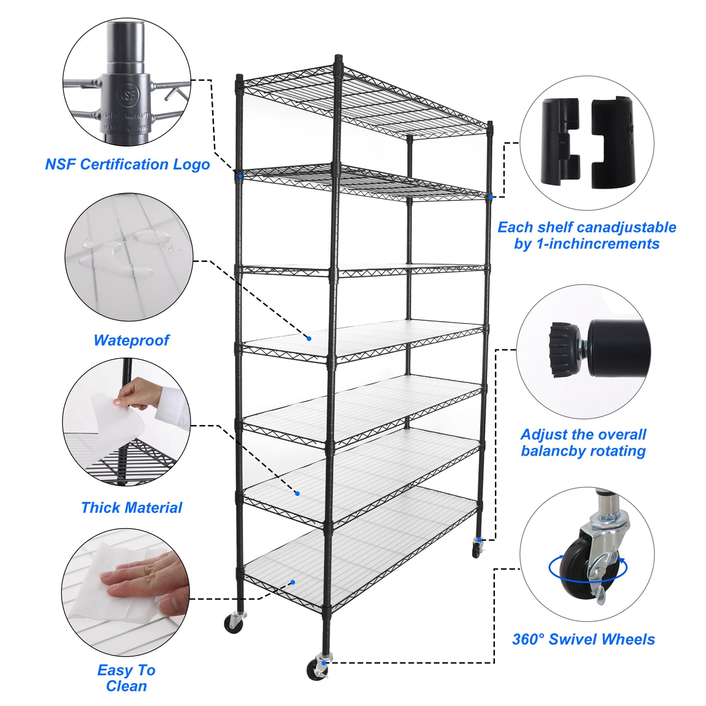 7 Tier Wire Shelving Unit 2450 LBS NSF Height Adjustable Metal Garage Storage Shelves with Wheels Black