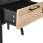 Rattan End table with Power Outlet & USB Ports Modern nightstand with drawer and solid wood legs black