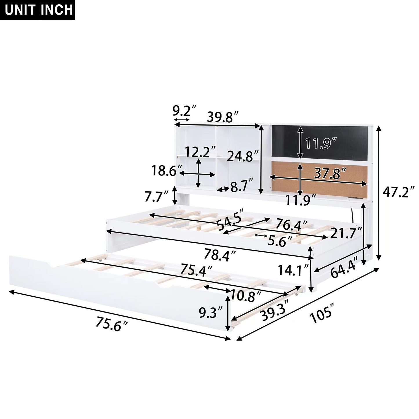 Full Size Daybed with Storage Shelves, Blackboard, Cork board, USB Ports and Twin Size Trundle  White