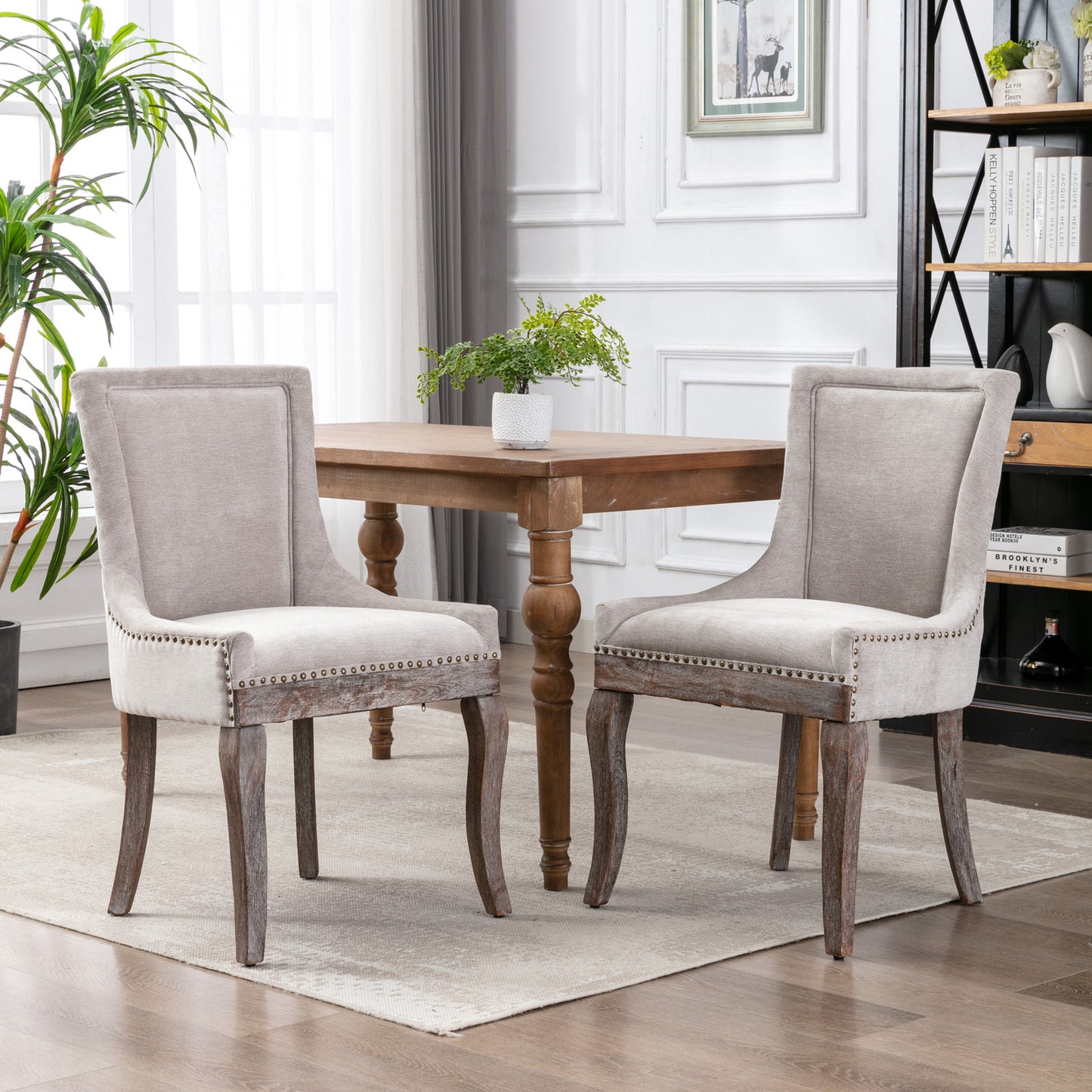 Ultra Side Dining Chair Thickened fabric chairs with neutrally toned solid wood legs  Bronze nail head Set of 2 Beige