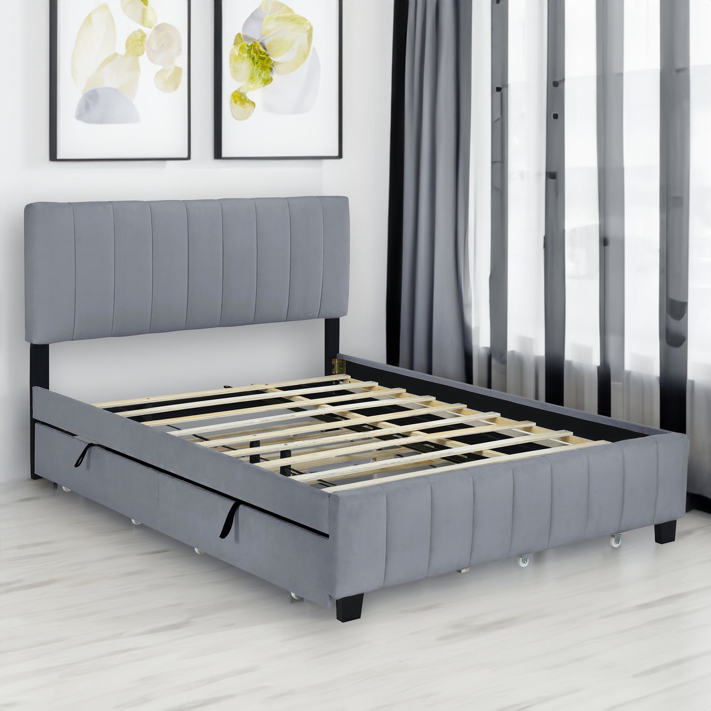 Queen Size Velvet Upholstered Platform Bed with 2 Drawers and 1 Twin XL Trundle- Gray