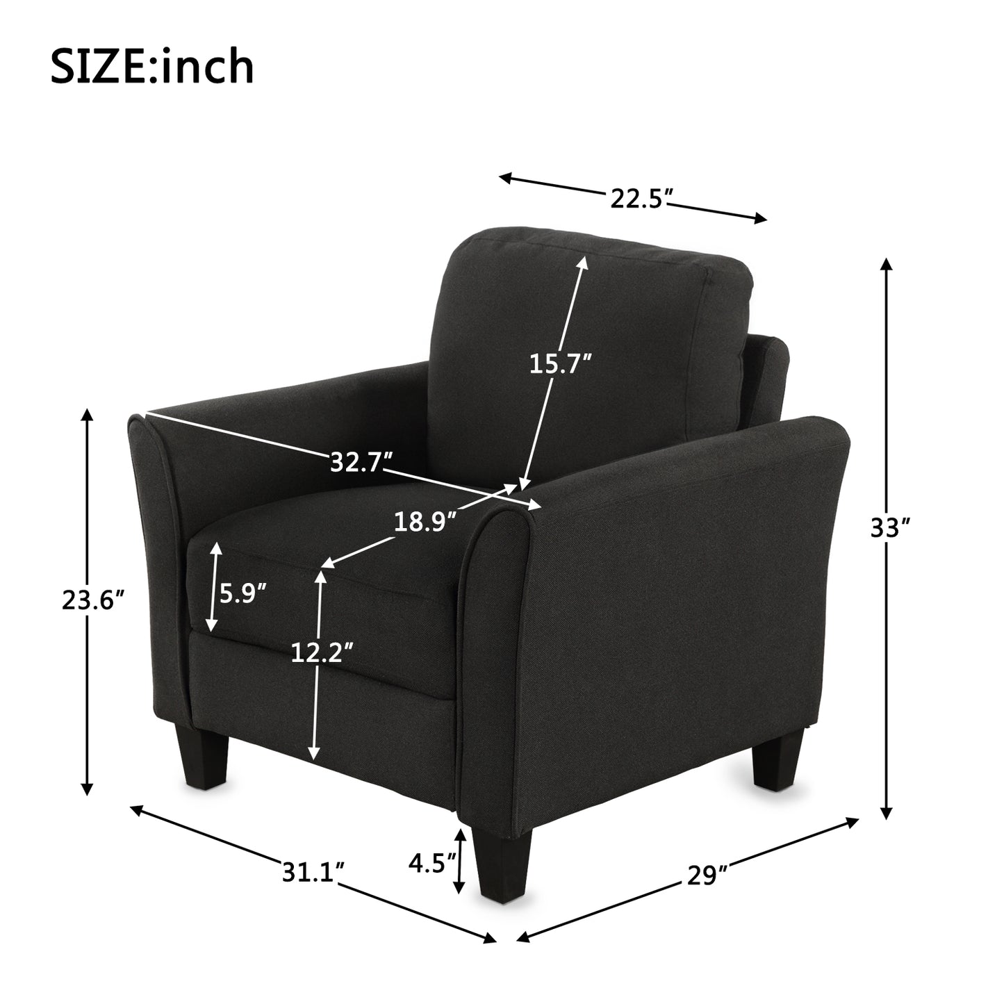 Living Room Armrest Single Sofa, Modern and Comfortable Design in Black Finish