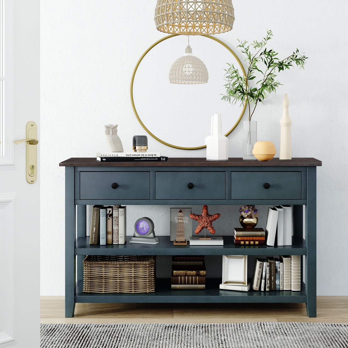 Retro Design Console Table with Two Open Shelves, Pine Solid Wood Frame and Legs for Living Room (Navy)