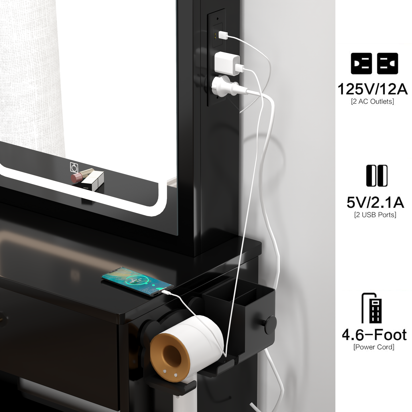 Left Drawer Desktop Vanity with Cushioned Stool, LED Mirror, and USB Power Stations