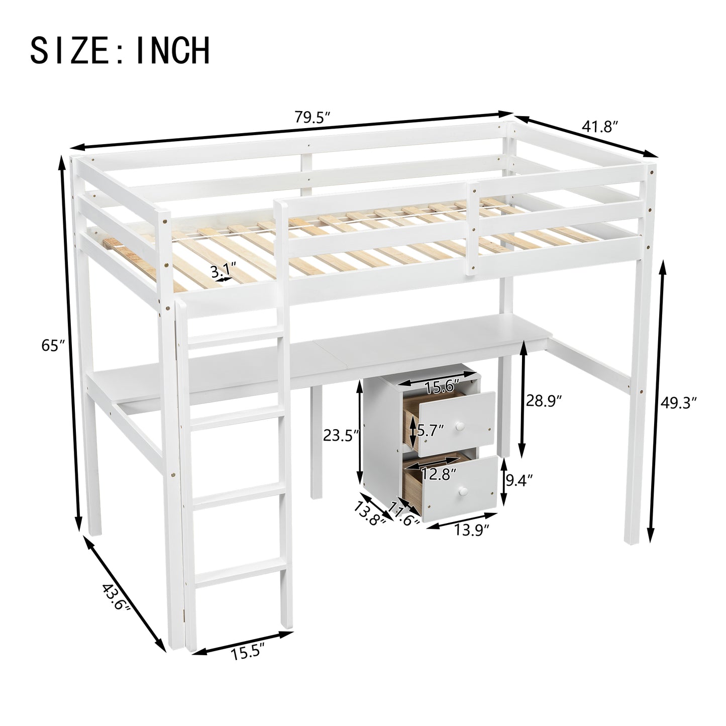 Twin Loft Wood Bed with Built-In Desk, Storage Cabinet, Guardrails, and Ladder, White Finish