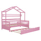 Wooden Twin Size House Bed with Trundle Kids Bed with Shelf Pink