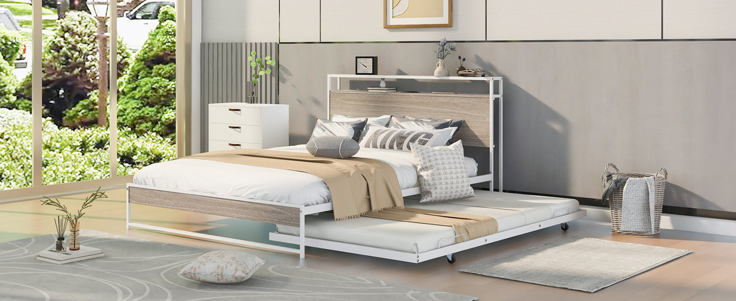 Queen Size Metal Platform Bed Frame with Trundle, USB Ports and Slat Support ,No Box Spring Needed White