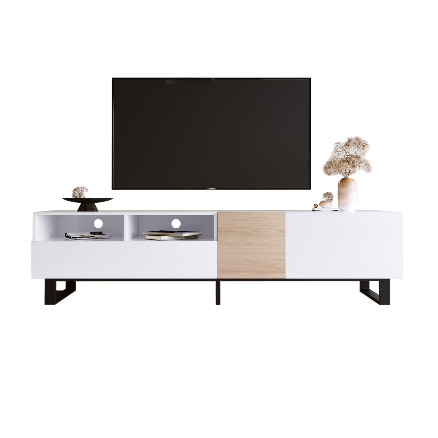 Modern TV Stand for 80-Inch TVs, Double Storage Space Media Console with Drop-Down Door, Entertainment Center