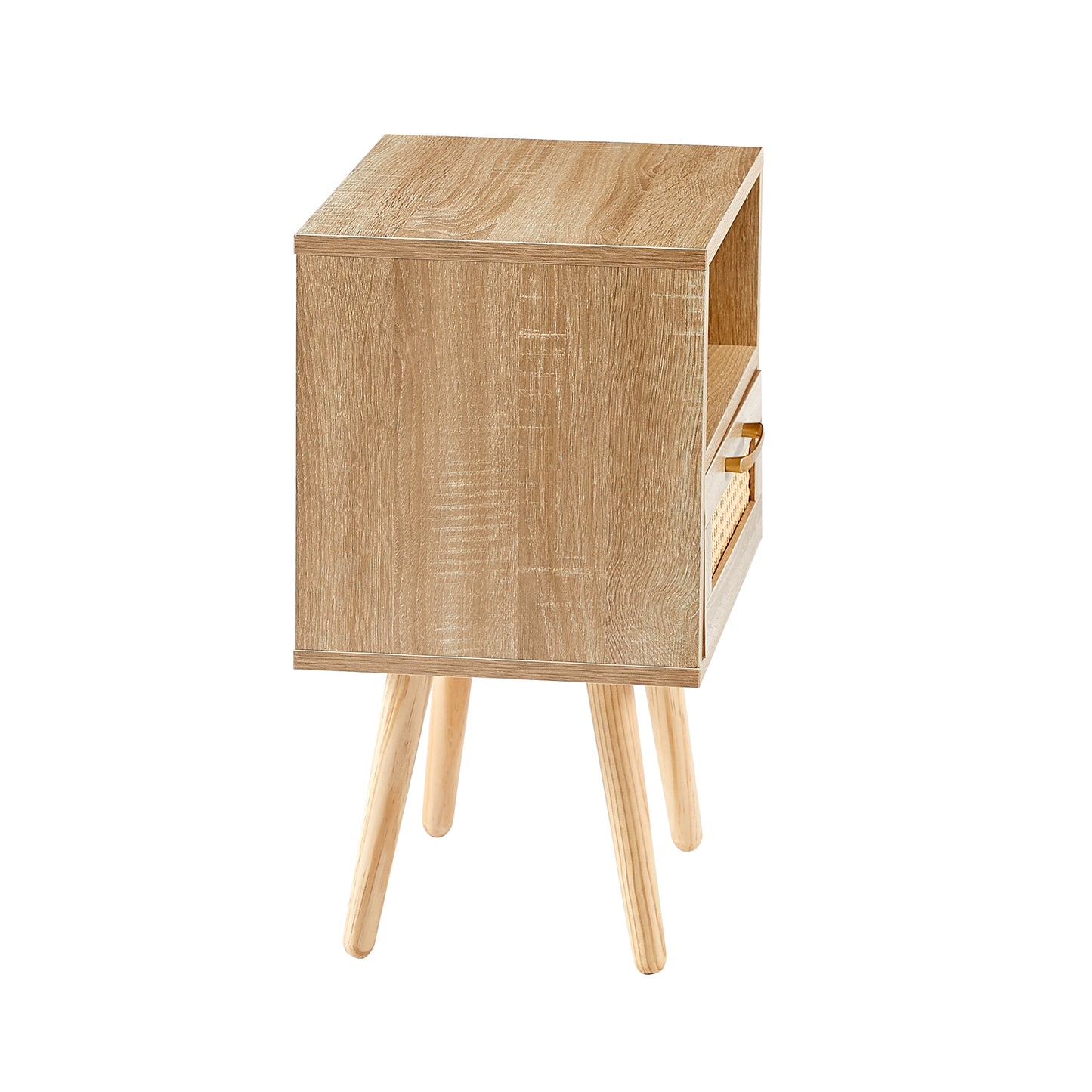 Rattan End table with drawer and solid wood legs Modern nightstand side table for living room natural