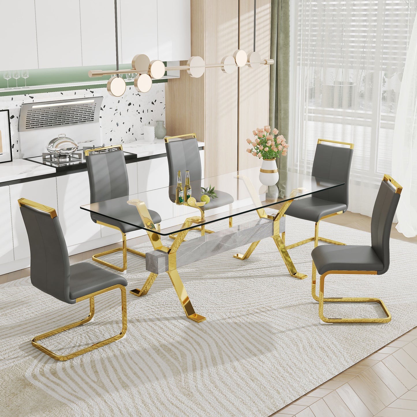 Mesa de comedor moderna de vidrio templado, escritorio de oficina grande con patas de metal chapado en oro y barras transversales de MDF