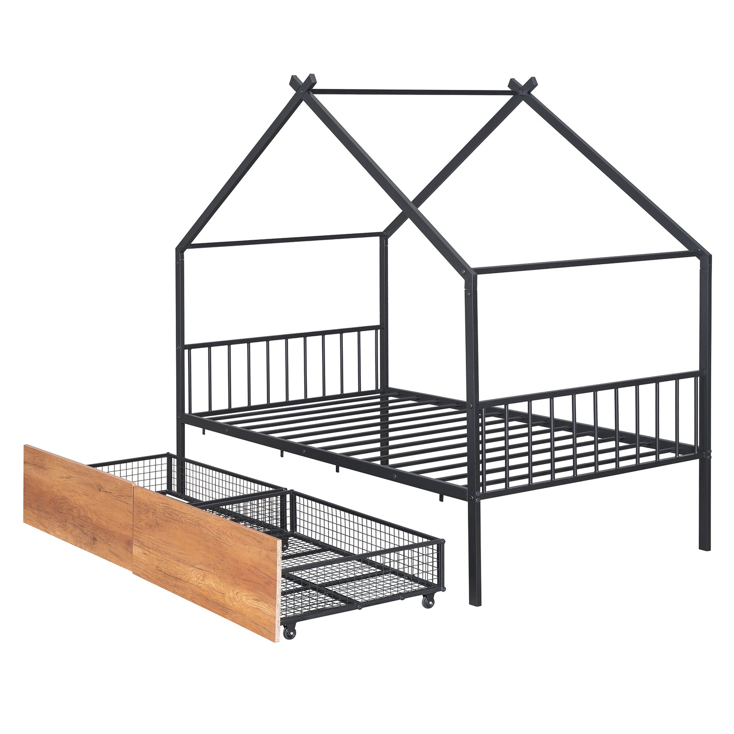 Twin Size Metal House Bed with Two Drawers, Black