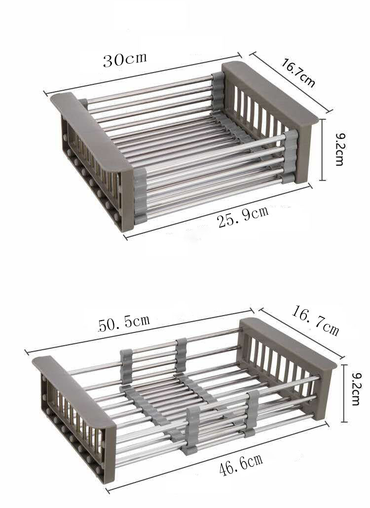 Escurridor de platos telescópico ajustable de acero inoxidable para cocina, sobre el fregadero, organizador de almacenamiento, bandeja para frutas y verduras