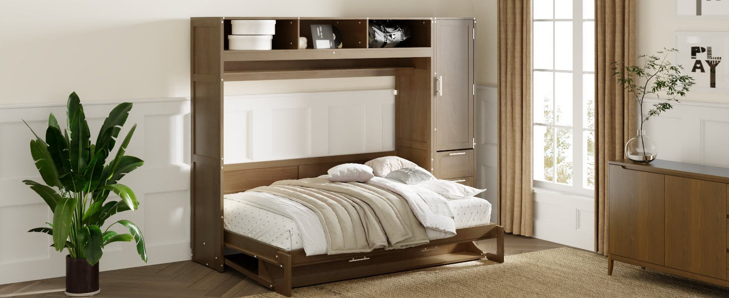 Full Size Murphy Bed with Wardrobe, Drawers, and Open Shelves, Antique Grey Finish for Functional Bedrooms