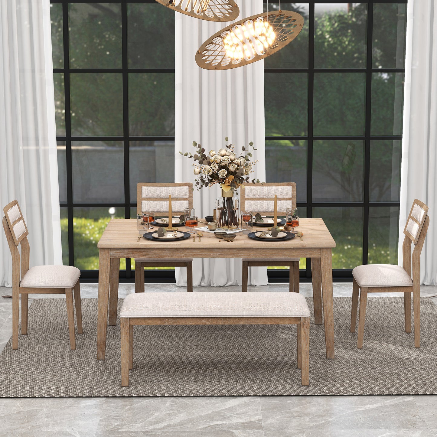 TREXM Classic 6-Piece Dining Set with Table, 4 Upholstered Chairs, and Bench, Natural Wood Wash