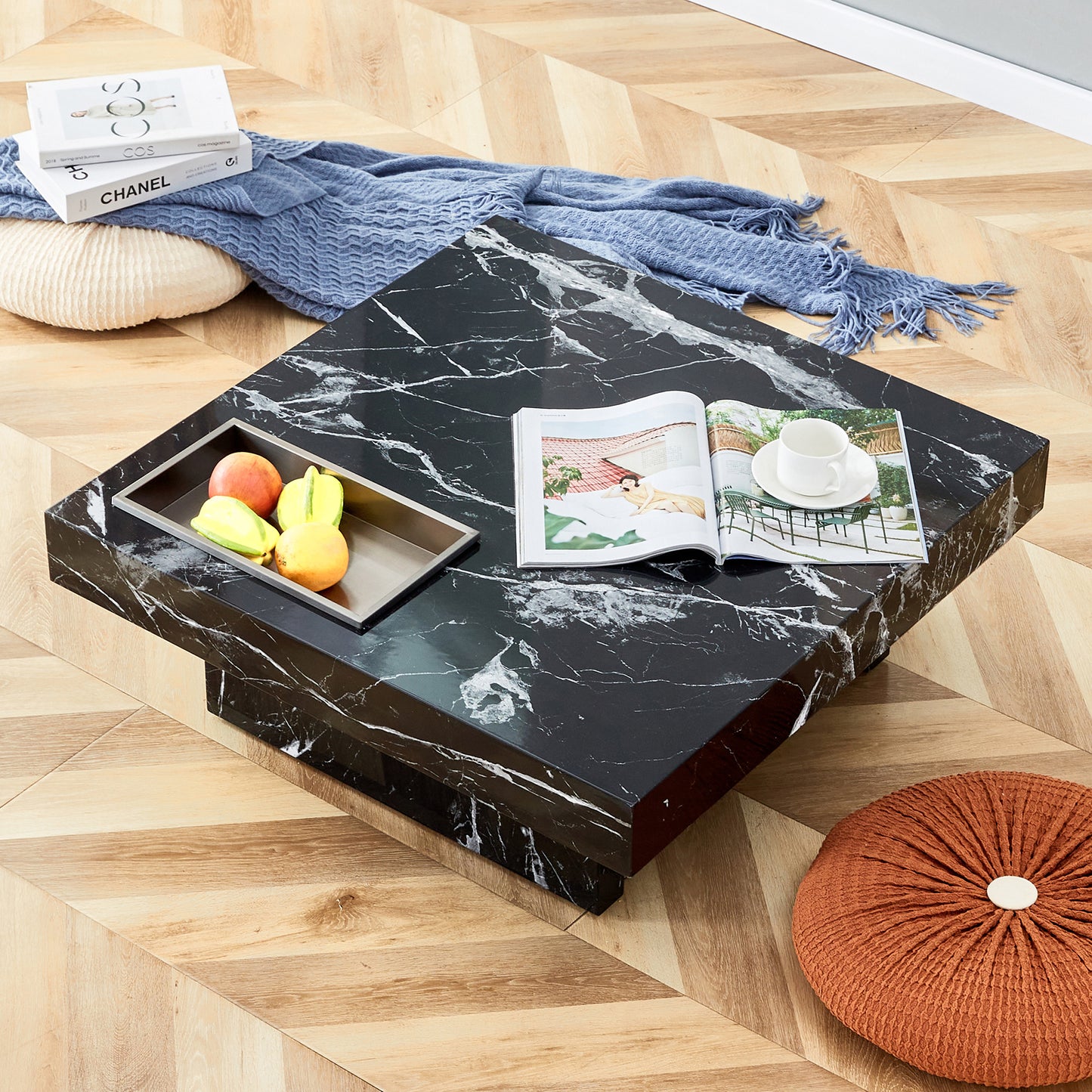 A modern and practical coffee table made of MDF material with black patterns