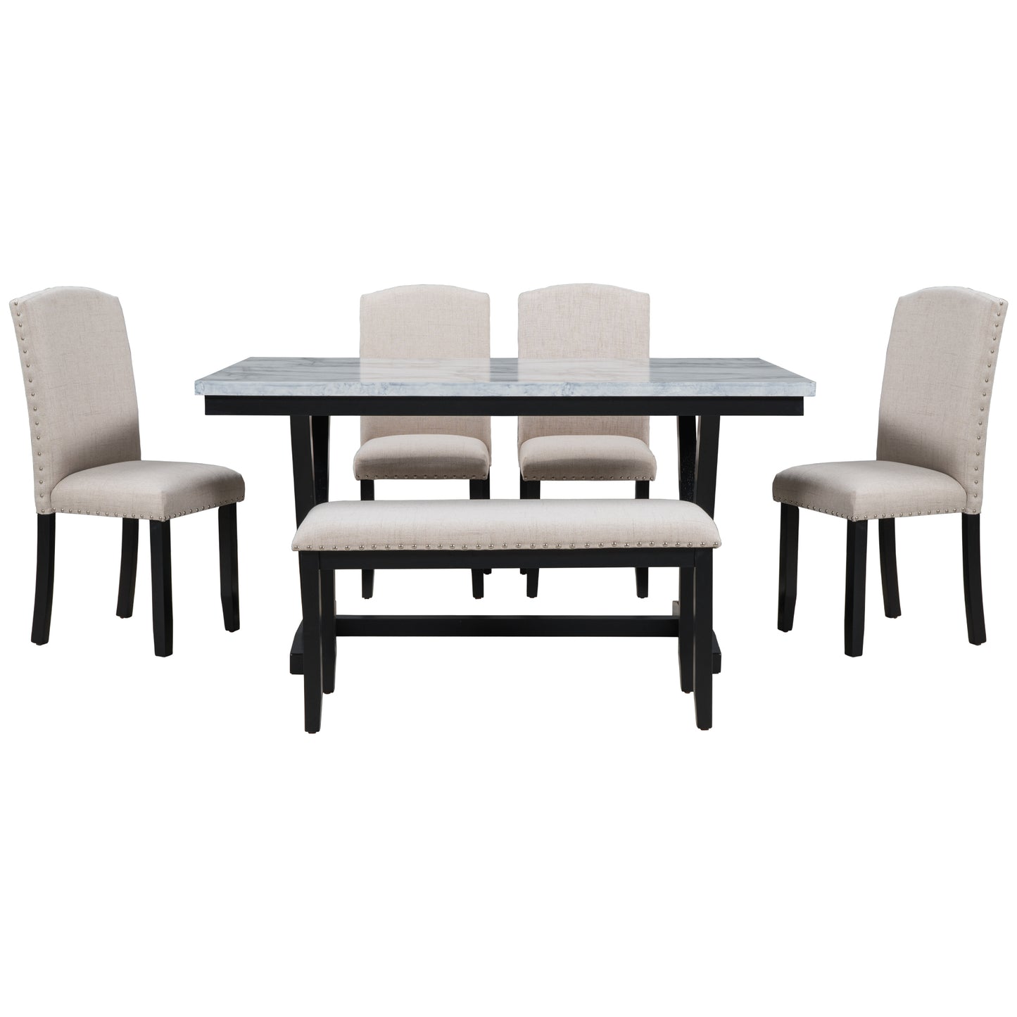 TREXM Modern 6-Piece Dining Table Set with 4 Chairs and 1 Bench, White Finish