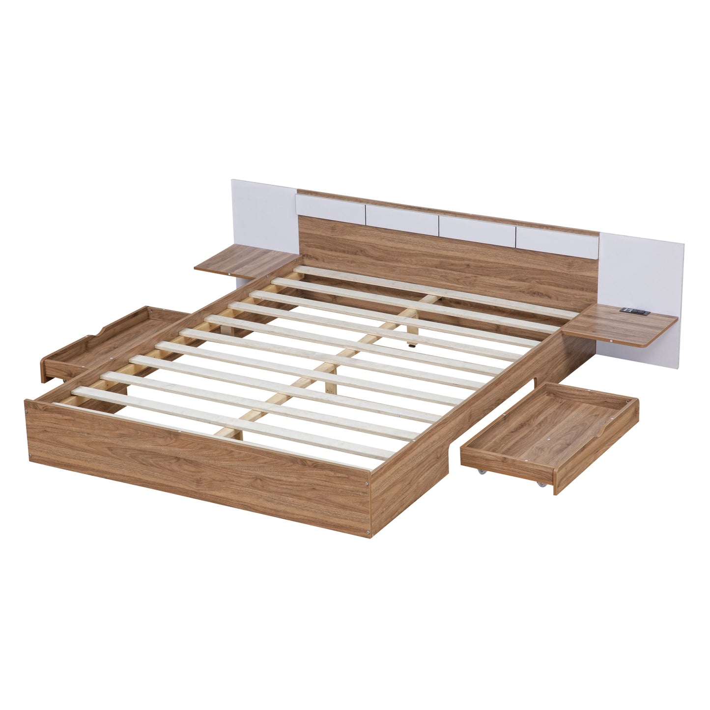 Queen Size Platform Bed with Headboard, Drawers, Shelves, USB Ports and Sockets, Natural