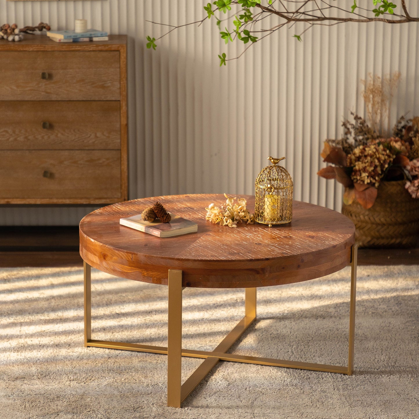 Modern Retro Splicing Round Coffee Table Fir Wood Table Top with Gold Cross Legs Base(Same SKU:W757126236)