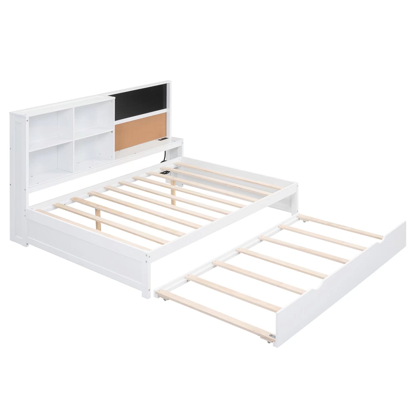 Full Size Daybed with Storage Shelves, Blackboard, Cork board, USB Ports and Twin Size Trundle  White