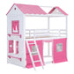 Twin Size Bunk Wood House Bed with Elegant Windows, Sills and Tent, Pink+White