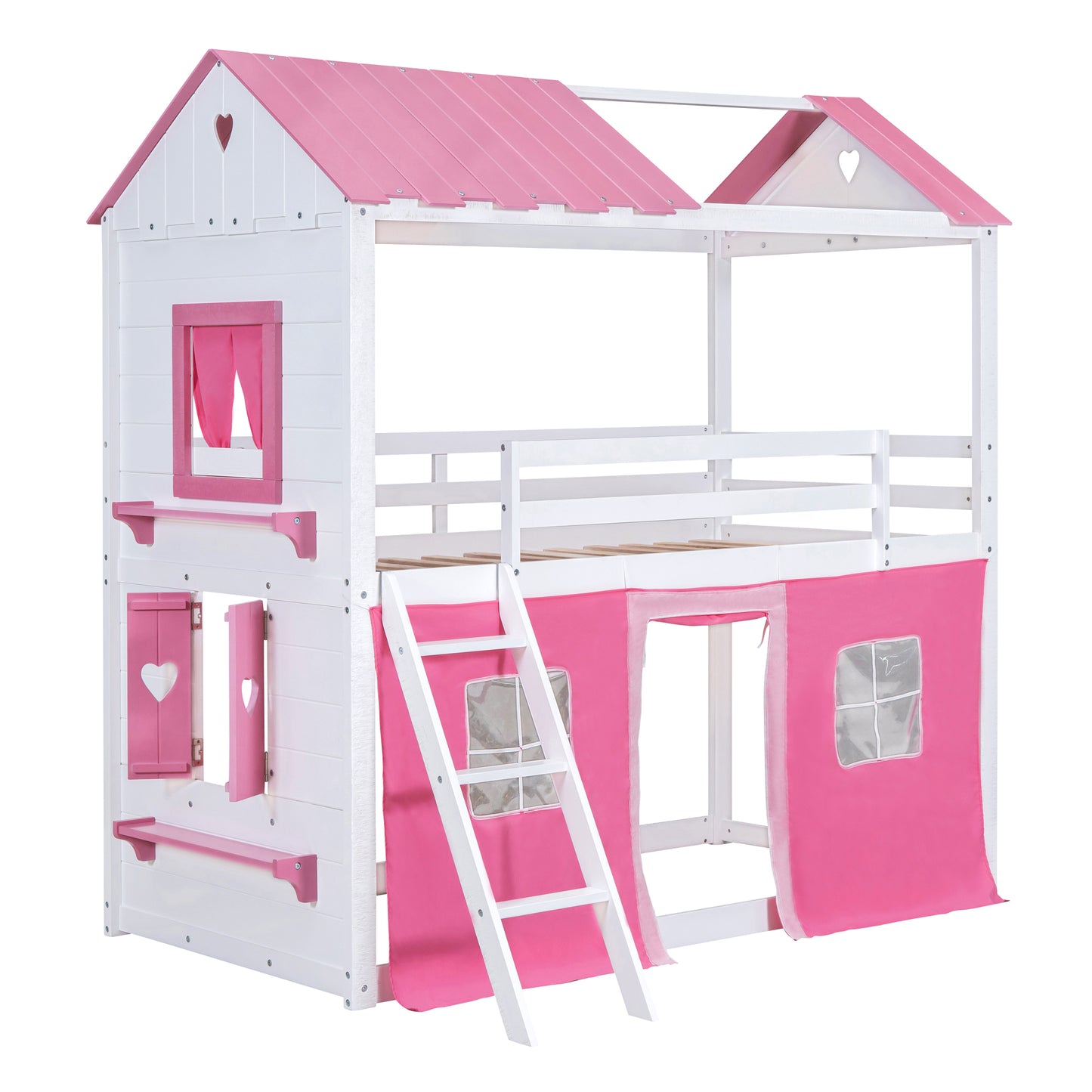 Twin Size Bunk Wood House Bed with Elegant Windows, Sills and Tent, Pink+White