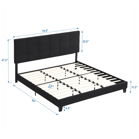 King Size Upholstered Platform Bed Frame with Linen Fabric Headboard BLACK