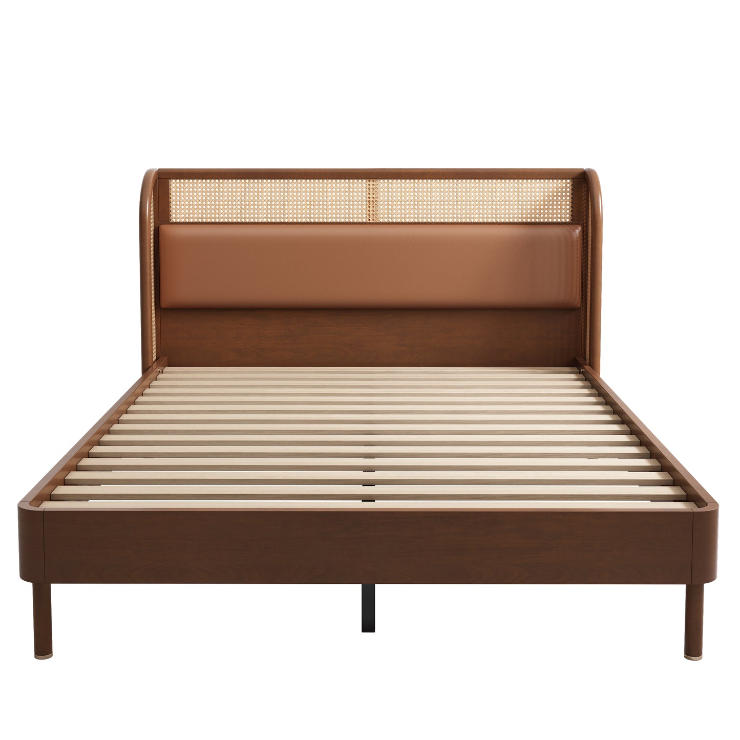 Moderna cama tamaño queen con plataforma de madera de ratán Cannage, acabado nogal para dormitorios elegantes