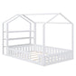 Full Size Wood House Bed with Fence and Detachable Storage Shelves, White