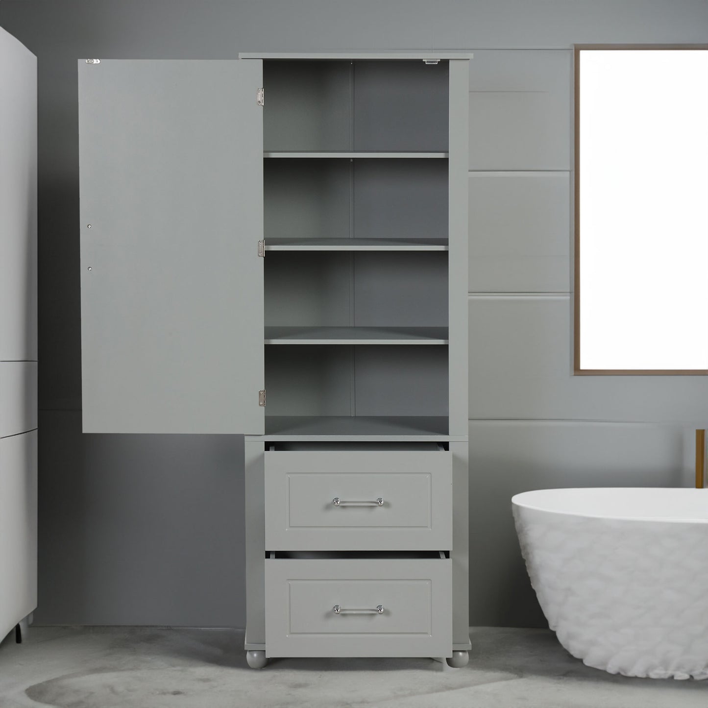 Tall Bathroom Storage Cabinet, Freestanding Storage Cabinet with Two Drawers and Adjustable Shelf, MDF Board , Grey