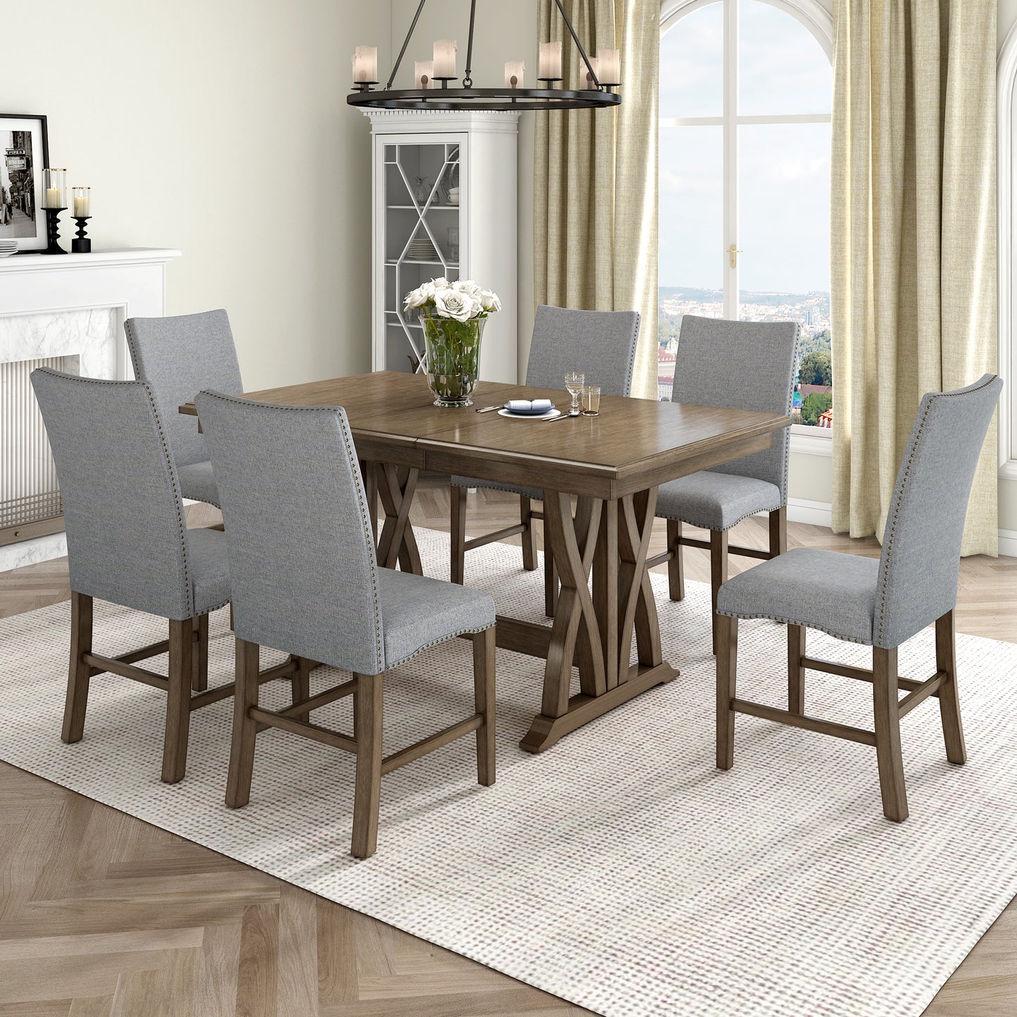 Juego de mesa de comedor expandible de 7 piezas de madera maciza TOPMAX de mediados de siglo con sillas con cojines suaves, marrón dorado y gris