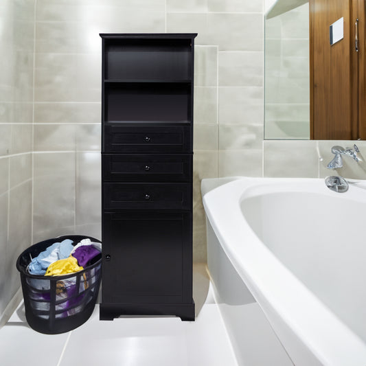 Black high storage cabinet with 3 drawers and adjustable shelves, MDF board painted