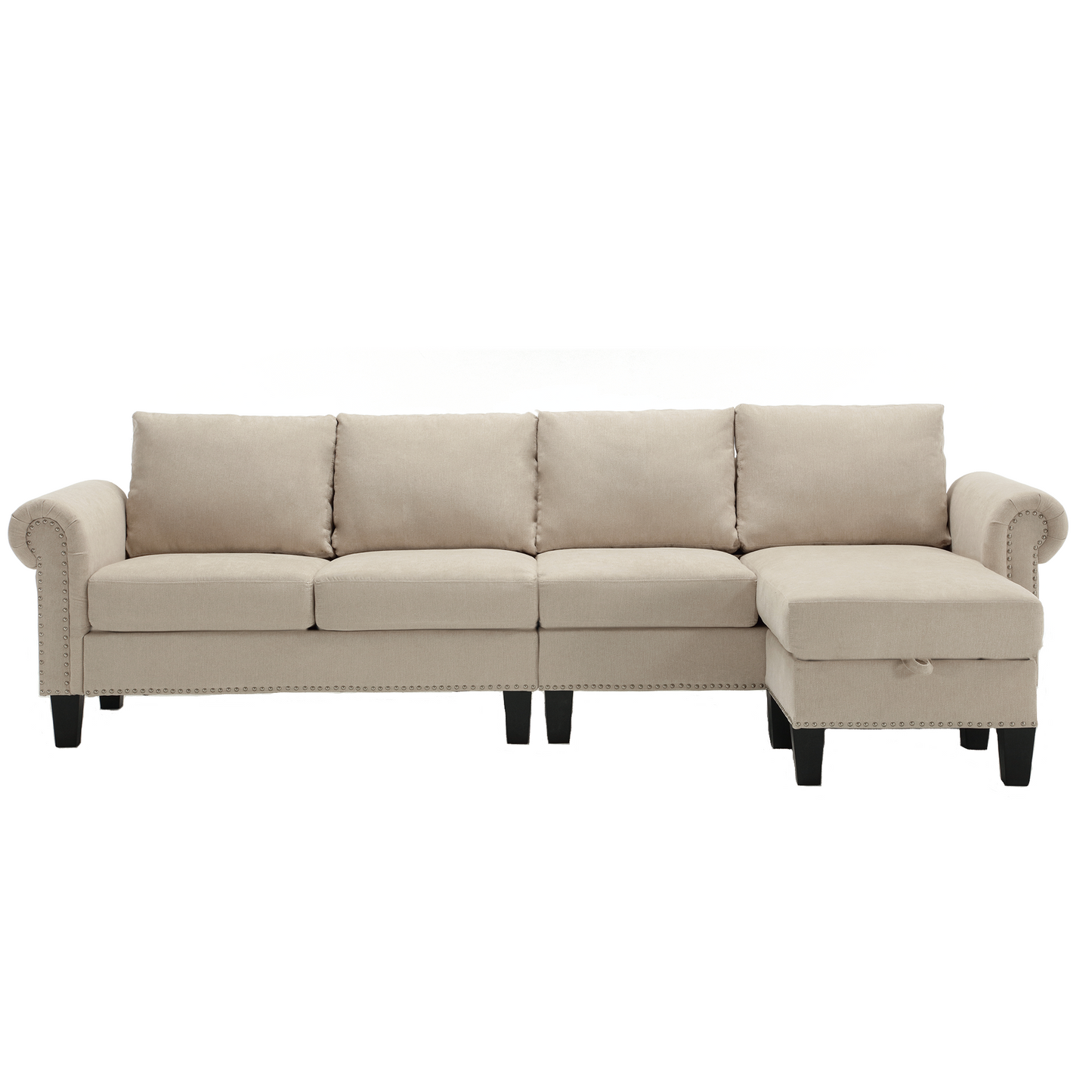 Convertible Sectional Sofa with Storage, L-Shaped Four-Seater Design in Modern Linen Fabric, Beige