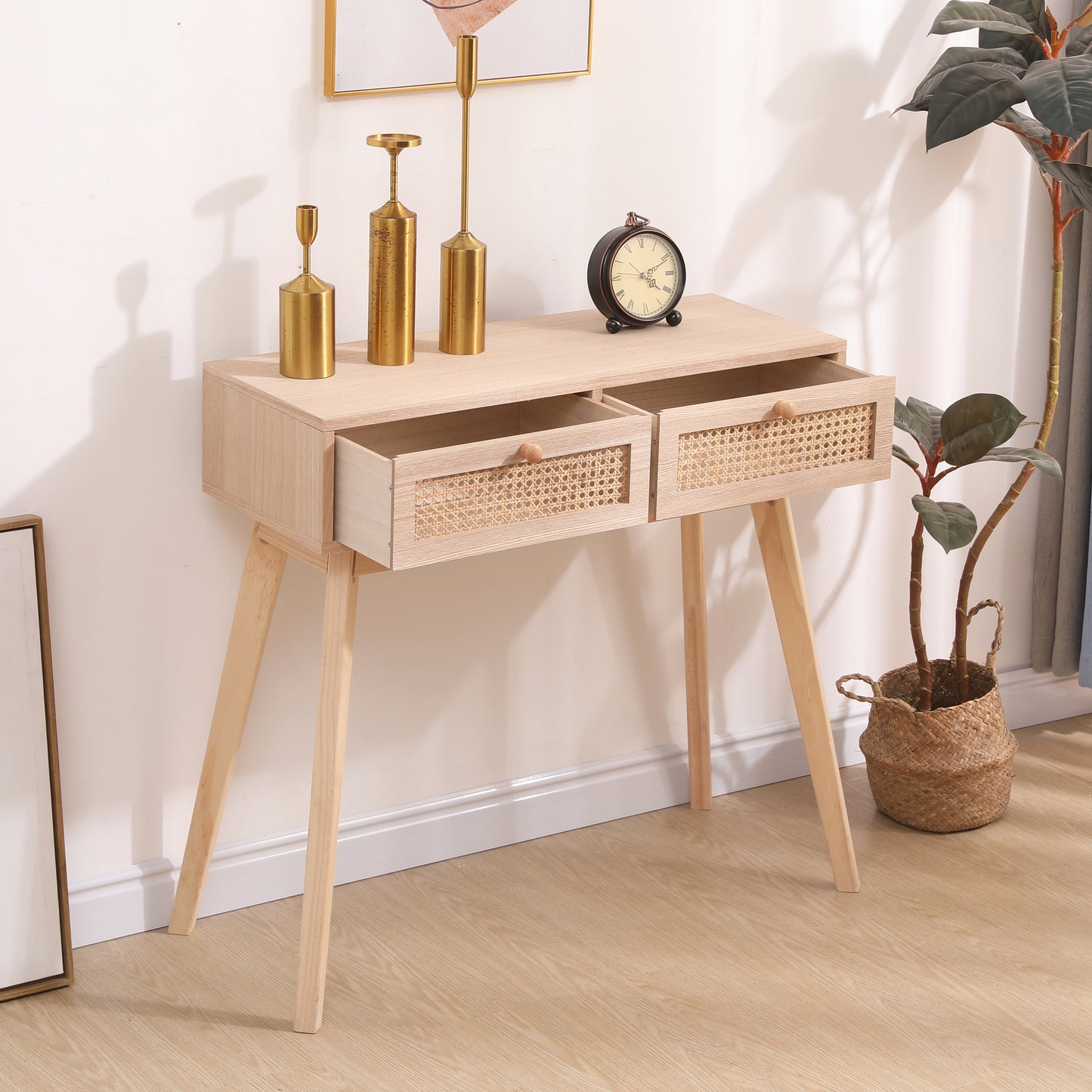 Side table with two real rattan drawers, solid wood table legs can be used in the dining room living room,bedroom