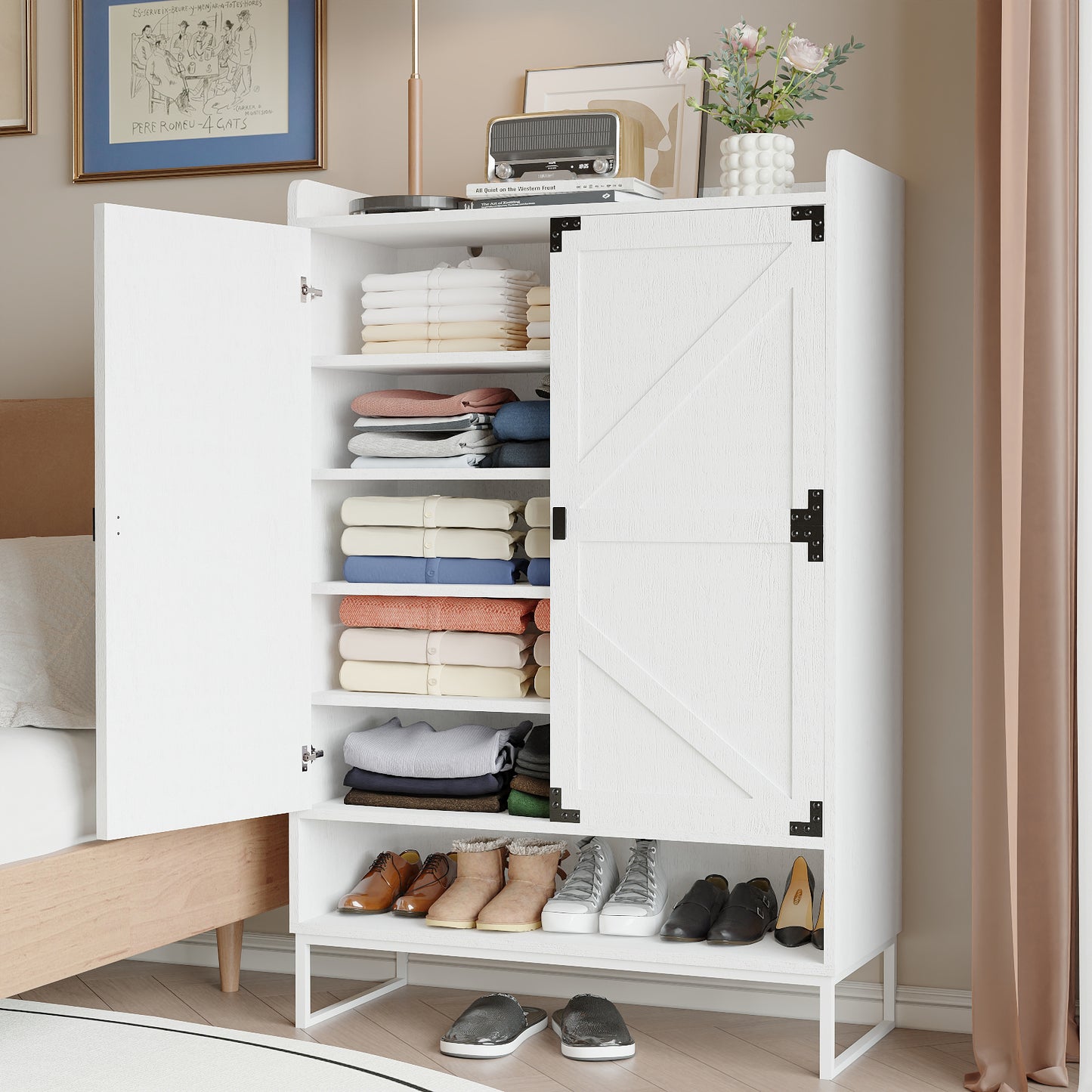 Shoe Cabinet with Doors, 6-Tier Storage with Adjustable Shelves, Wooden Shoe Rack Organizer