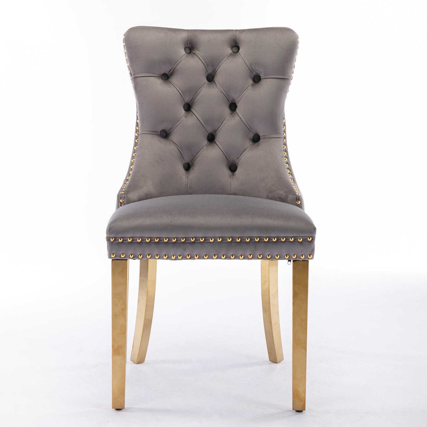 Tufted solid wood velvet cushioned dining chair, gold-plated stainless steel nail leg heads, 2 pieces in gray and gold