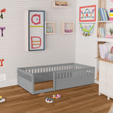 Twin Floor Bed Frame with Fence, Wood Kids Floor Beds Frame for Bedroom Playroom,Gray